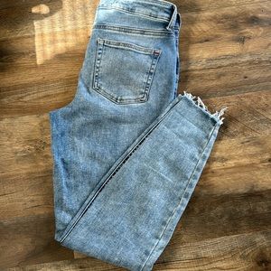 Maurice’s edgely brand, high rise super skinny medium wash denim.